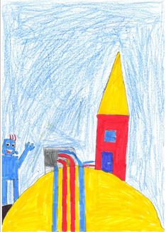 Kinderzeichnung mit einem Haus und Stadtwerke Maskottchen Alex, Copyright: Leo Klasse 1a Friedensschule Schwerin